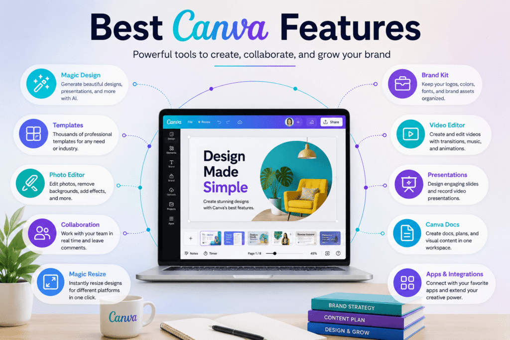 Best Canva Features infographic showing Magic Design, templates, photo editing, Brand Kit, video editing, presentations, collaboration, Magic Resize, Canva Docs, and integrations.