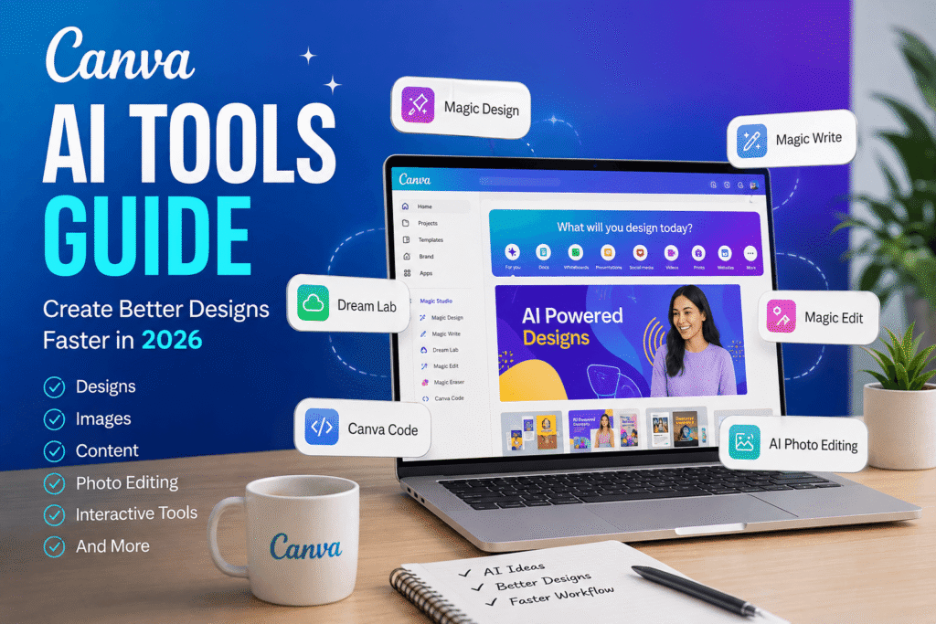 Canva AI Tools Guide showing AI-powered design features for creating graphics, images, content, and photo edits in 2026.