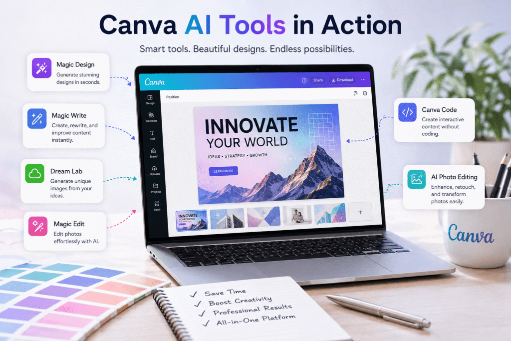 Canva AI tools in action showing Magic Design, Magic Write, Dream Lab, Magic Edit, Canva Code, and AI photo editing on a laptop.