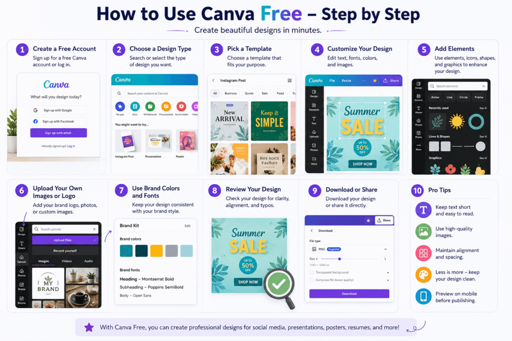 How to use Canva Free step by step with templates, customization, design elements, and download options