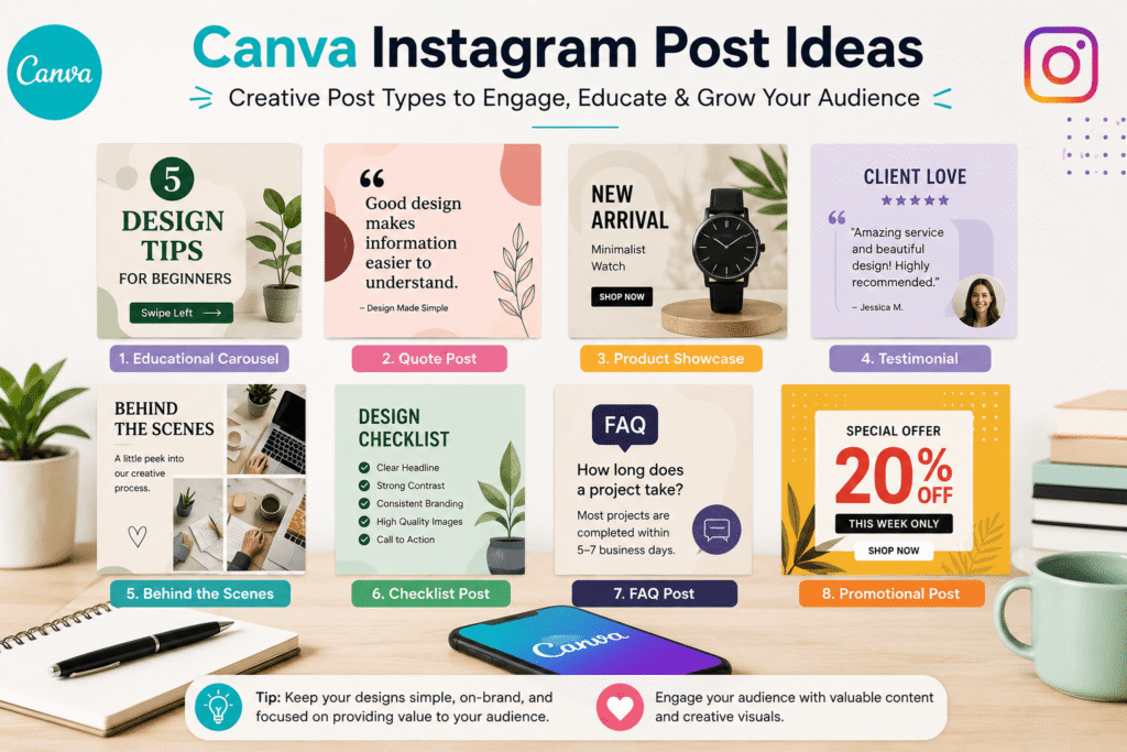 Canva Instagram post ideas with creative social media templates for businesses and creators