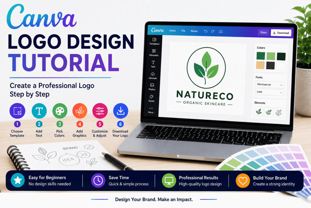 Canva logo design tutorial showing a laptop with a professional logo creation process