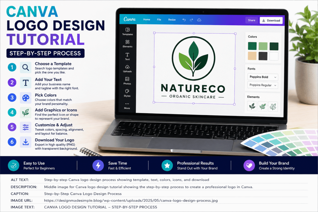 Step-by-step Canva logo design process showing templates, text, colors, icons, and download