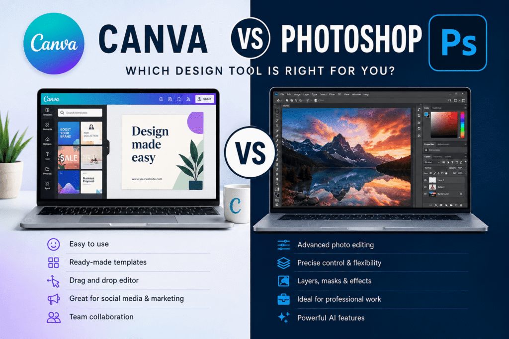 Canva vs Photoshop comparison showing design tools, templates, photo editing, and professional features.
