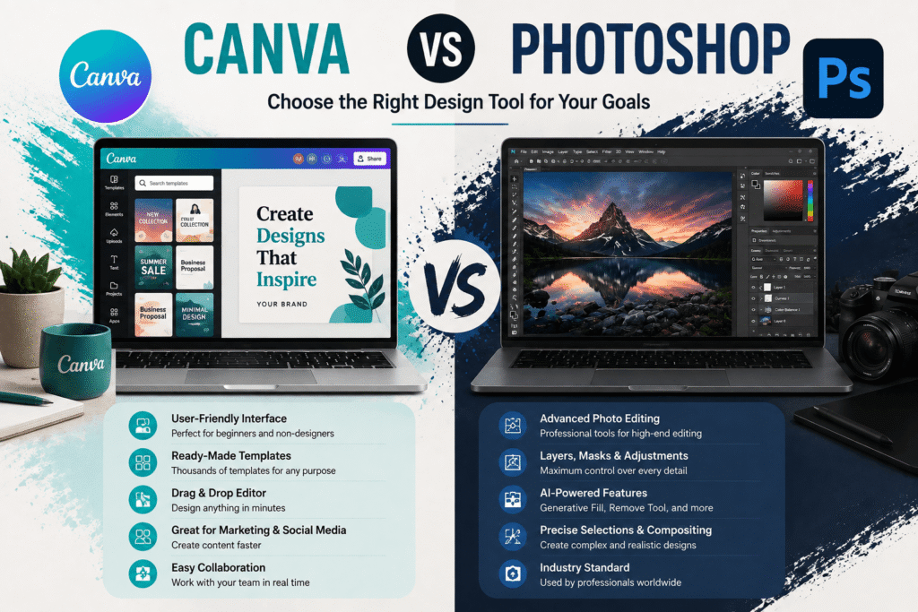 Canva vs Photoshop comparison with laptops showing design interfaces, highlighting templates, ease of use, advanced photo editing, layers, and AI tools.