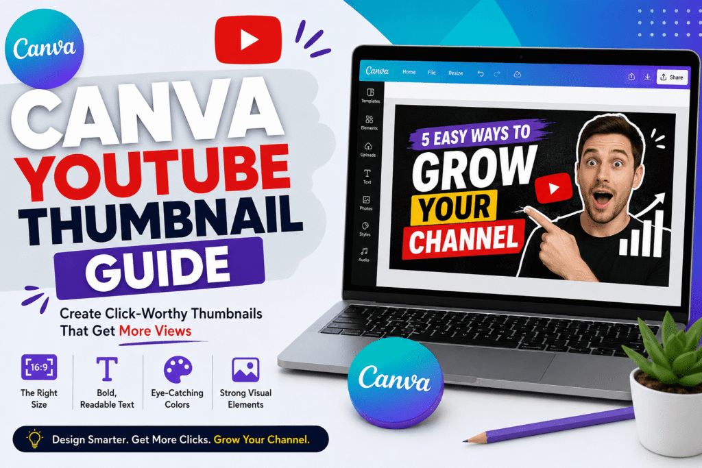 Canva YouTube thumbnail guide showing a laptop with a colorful thumbnail design created in Canva