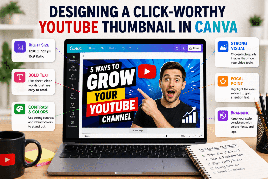 Canva YouTube thumbnail design showing the right size, bold text, strong visuals, contrast, focal point, and branding