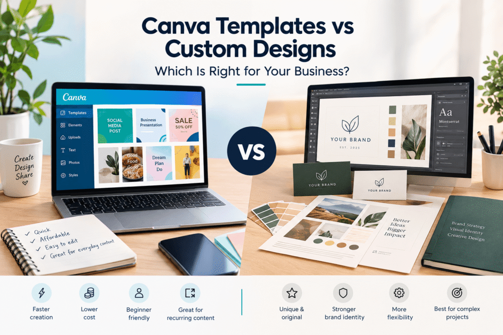 Canva templates vs custom designs comparison showing business design options