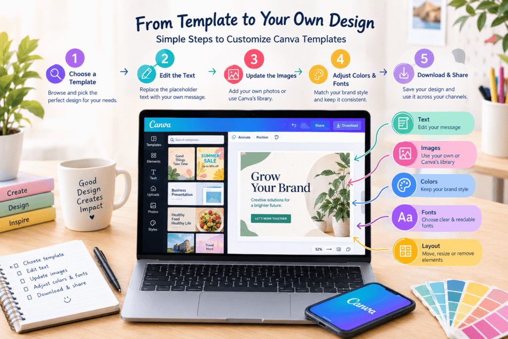 How to customize Canva templates with text, images, colors, and fonts
