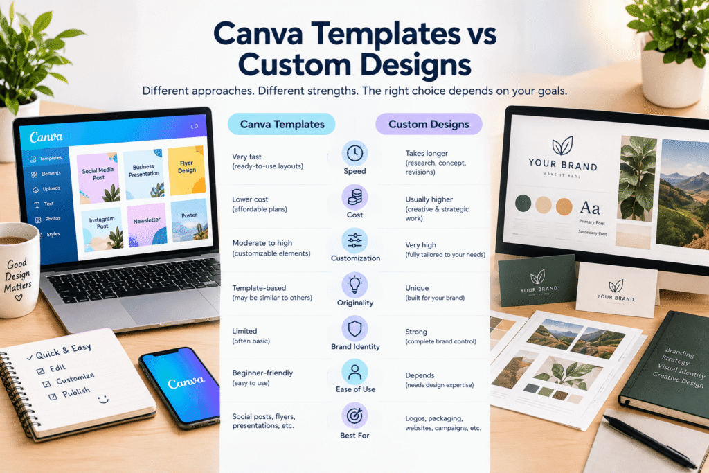 Canva templates vs custom designs comparison showing speed, cost, customization, originality, and brand identity