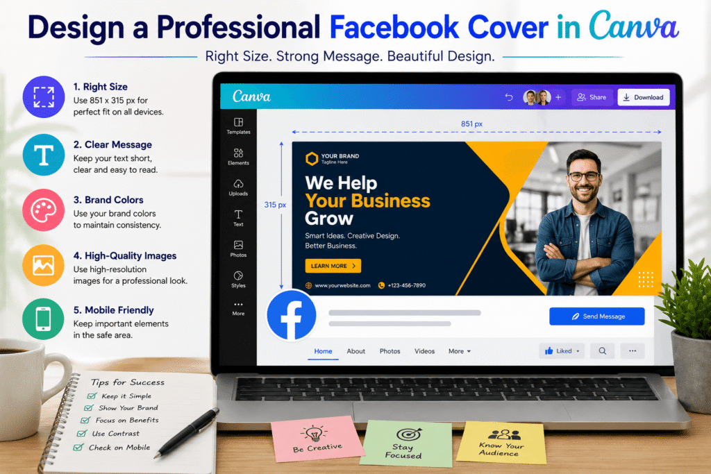 Professional Facebook cover design in Canva showing size, branding, image, and mobile-friendly tips