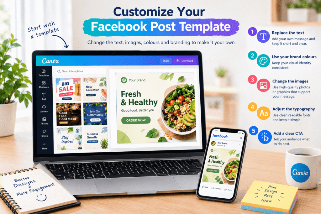 Customizing a Canva Facebook post template on a laptop and smartphone