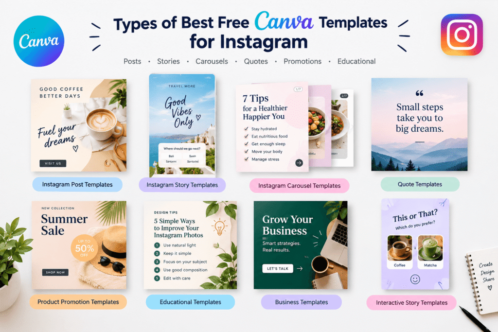Types of best free Canva templates for Instagram posts, Stories, carousels, quotes, and promotions