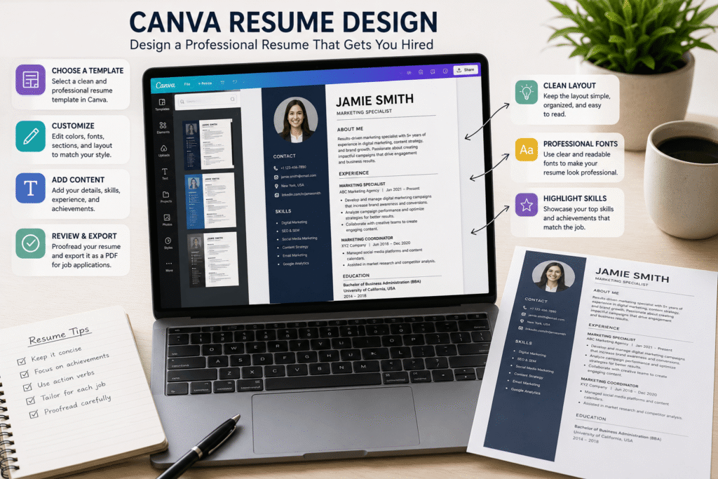 Canva resume design tutorial showing a professional resume template on a laptop