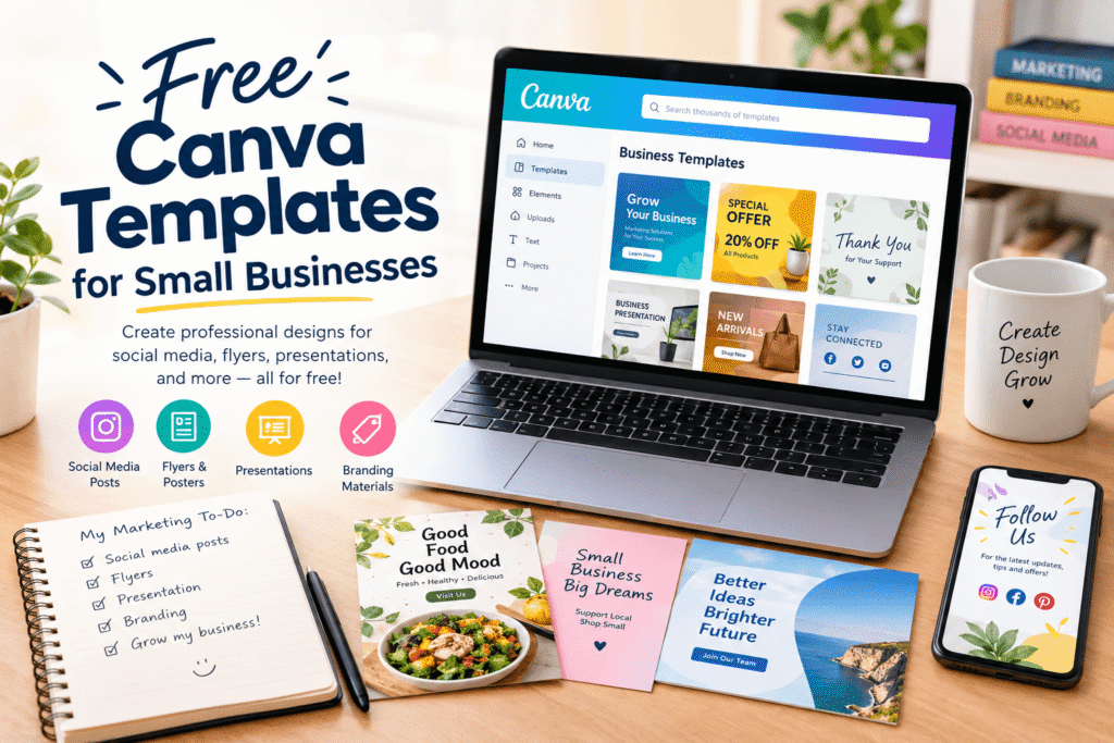 Free Canva templates for small businesses displayed on a laptop with social media, flyers, branding, and marketing designs.