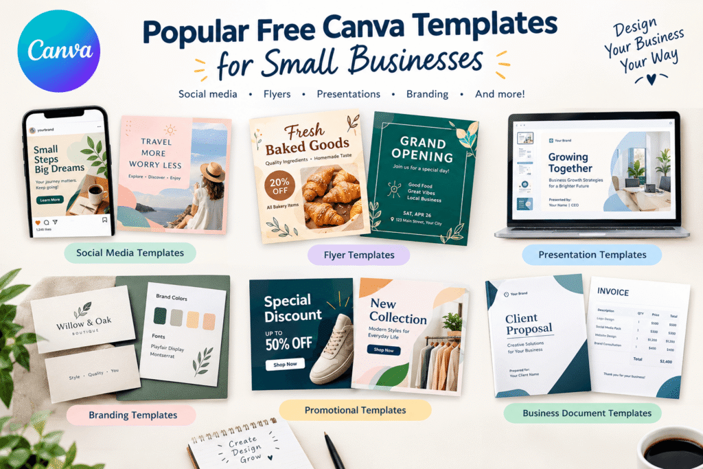 Popular free Canva templates for small businesses including social media, flyers, presentations, branding, promotions, and business documents.