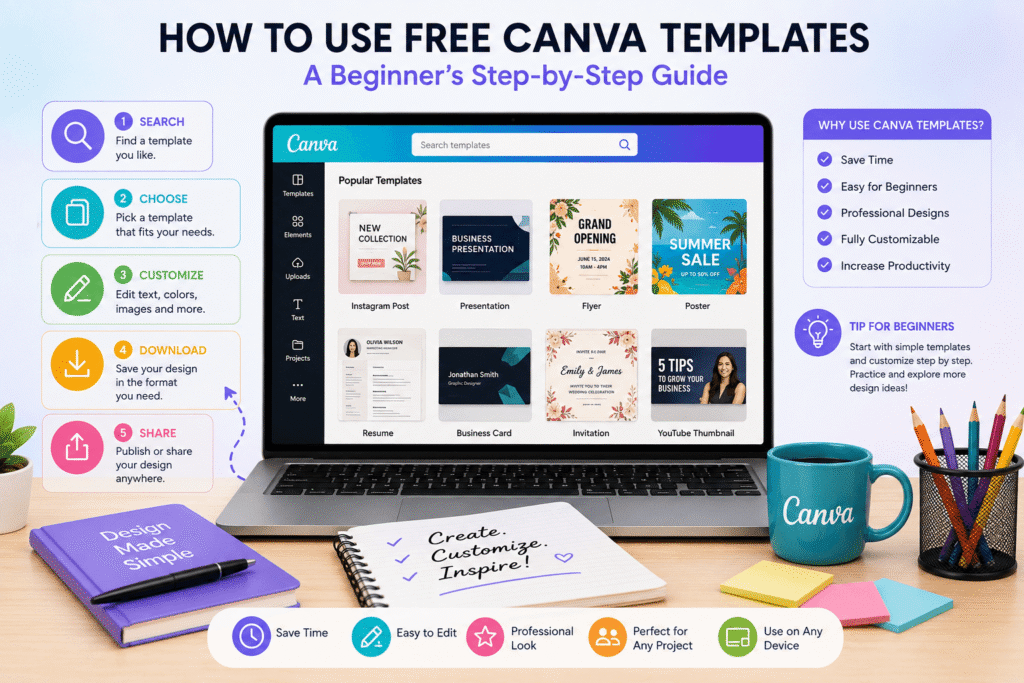 How to use free Canva templates with a beginner-friendly step-by-step guide for searching, customizing, downloading, and sharing designs