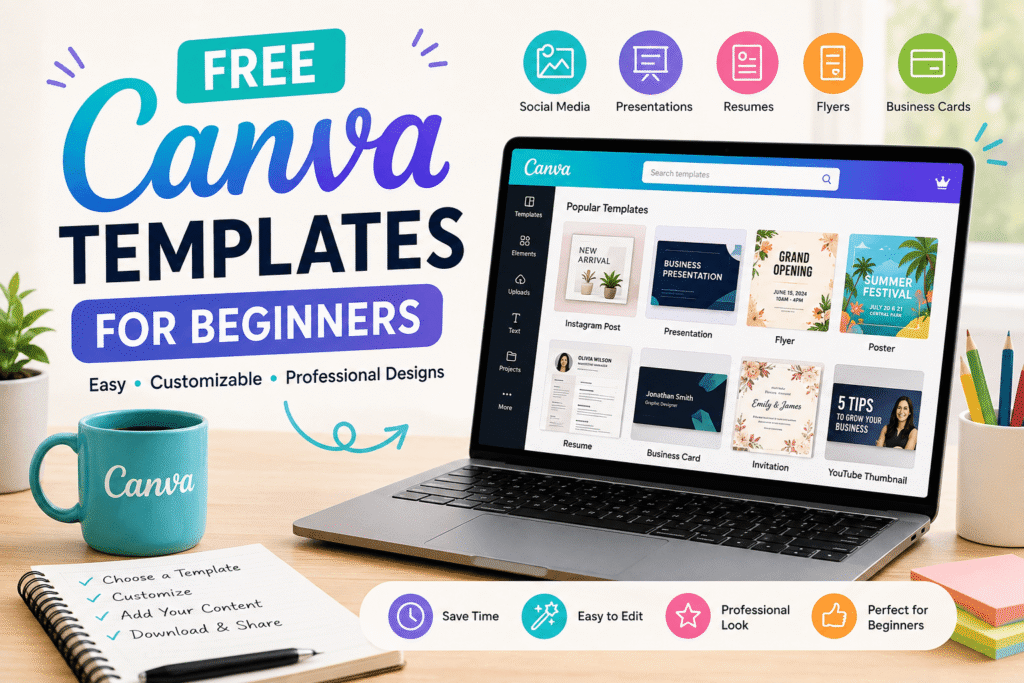 Free Canva templates for beginners showing customizable social media, resume, presentation, flyer, and business designs