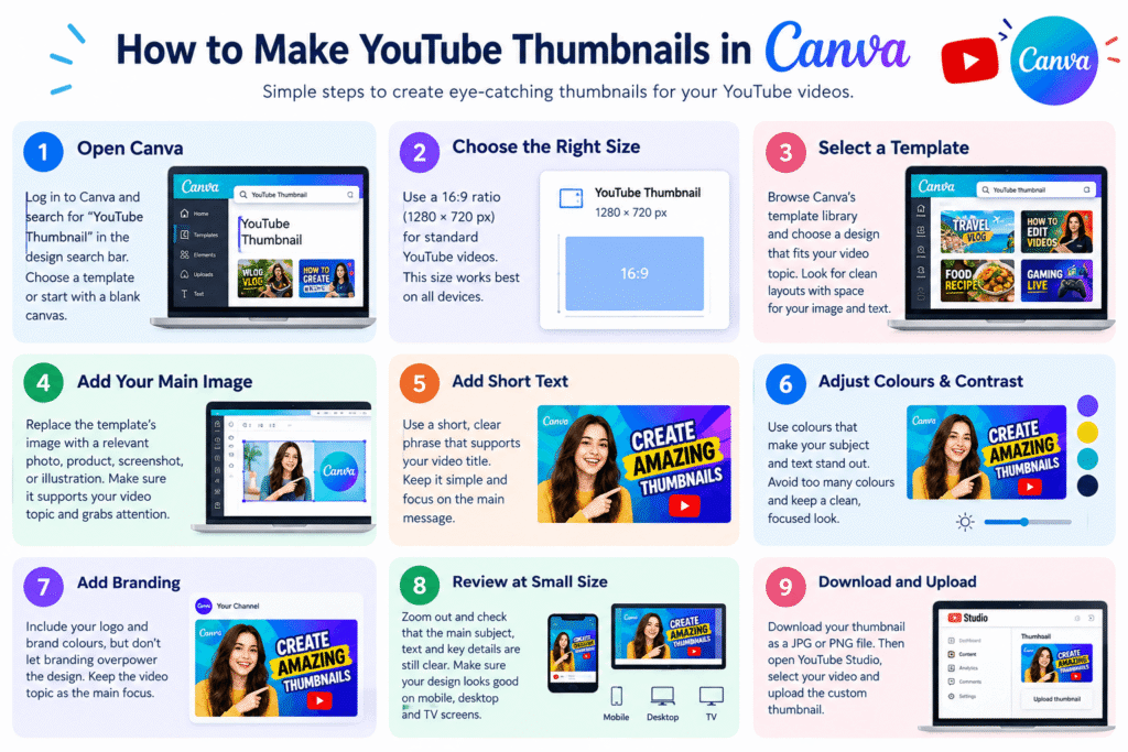 Step-by-step guide showing how to make YouTube thumbnails in Canva