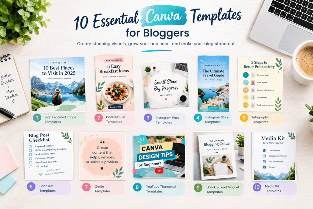10 essential Canva templates for bloggers, including blog featured images, Pinterest pins, Instagram posts, infographics, checklists, and ebook designs.