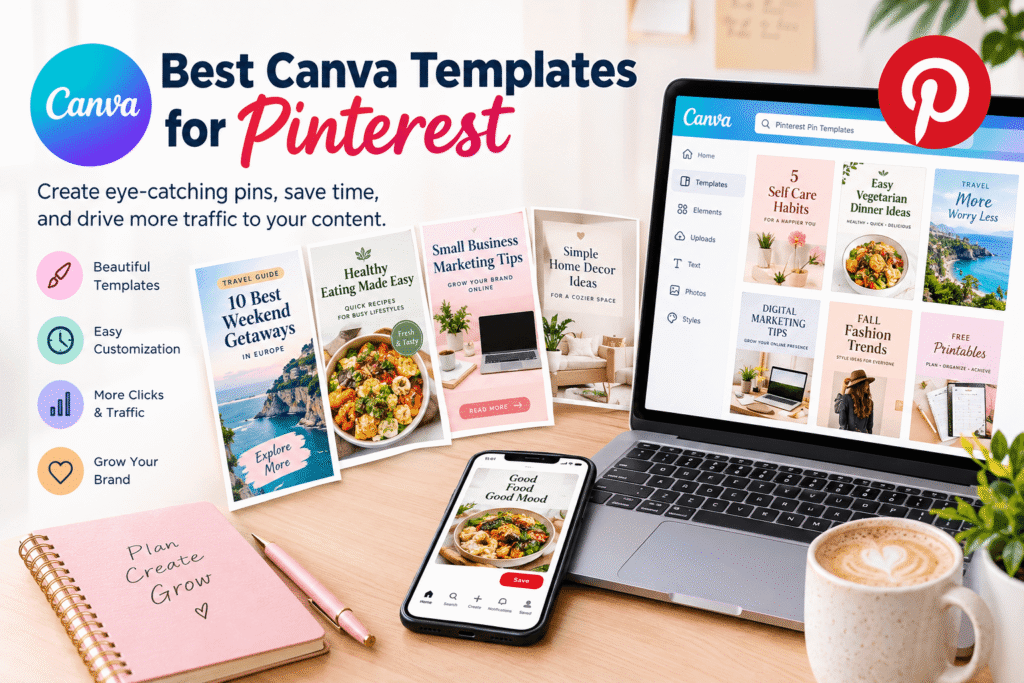 Best Canva templates for Pinterest featuring creative pin designs on a laptop and smartphone.