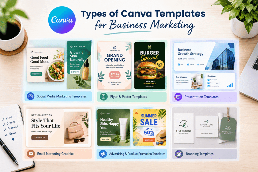 Types of Canva templates for business marketing, including social media posts, flyers, presentations, email graphics, advertisements, and branding designs.