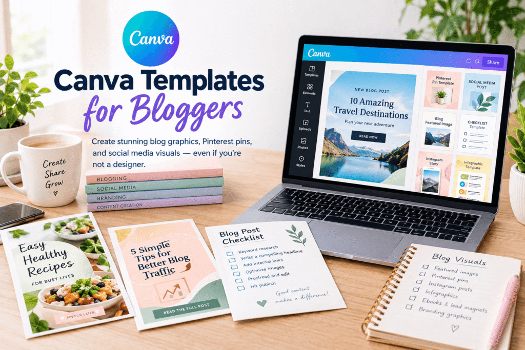 Canva templates for bloggers displayed on a laptop with blog graphics, Pinterest pins, and social media design examples.
