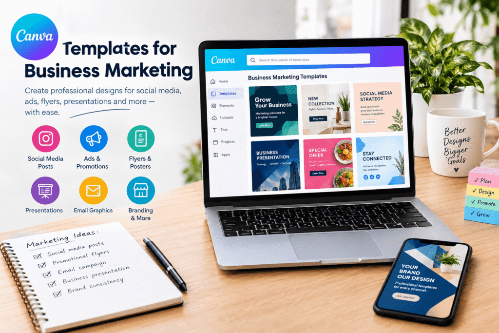 Canva templates for business marketing, including social media posts, flyers, ads, presentations, and branding designs.