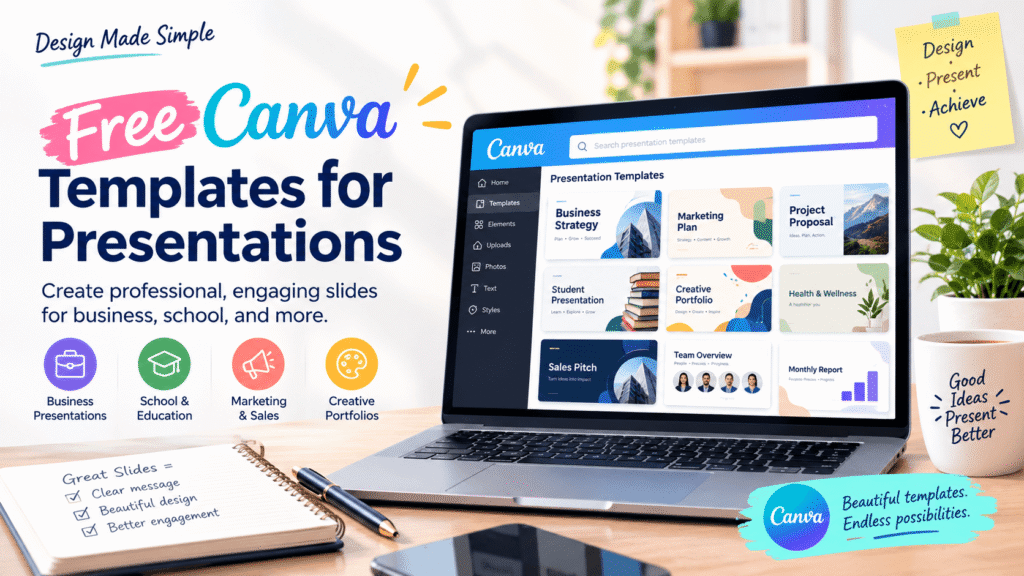 Free Canva templates for presentations on a laptop with professional slide designs