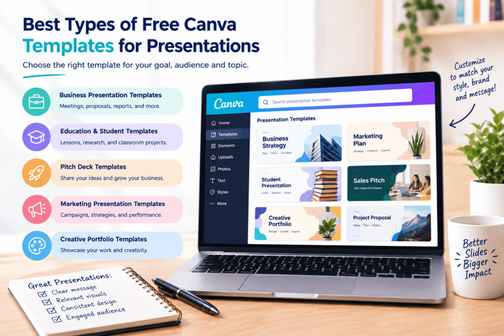 Best types of free Canva templates for presentations displayed on a laptop