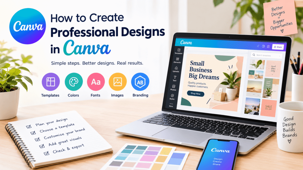 How to create professional designs in Canva using templates, colors, fonts, and branding tools