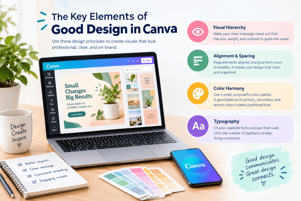 Key design principles in Canva including visual hierarchy, alignment, color harmony, and typography