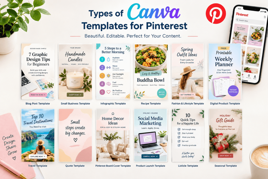 Types of Canva templates for Pinterest, including blog posts, small businesses, recipes, infographics, travel, and digital products.